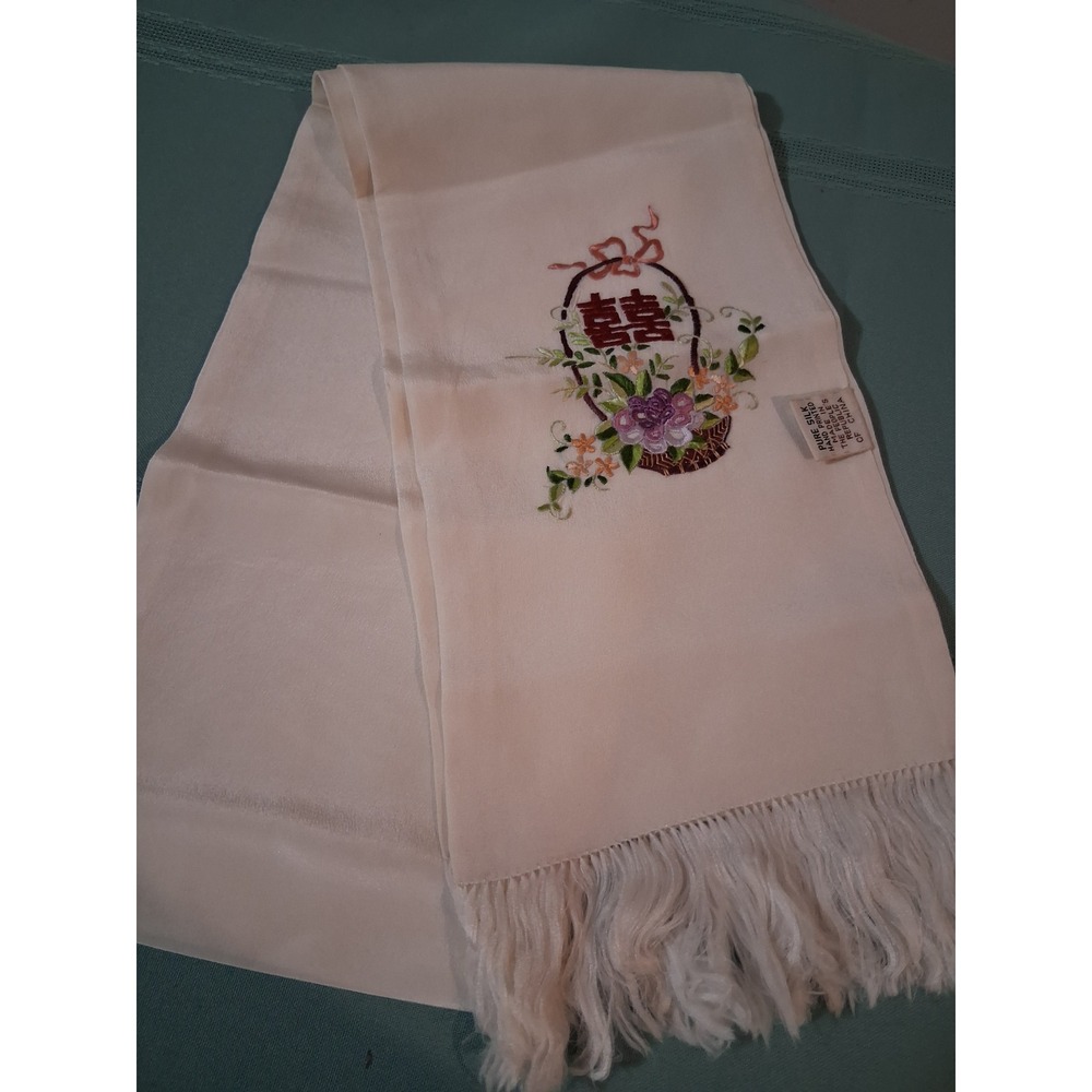 Vintage Pure Silk Scarf Chinese Double Happiness Embroidery Hand Printed Cream
